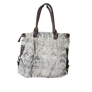 CHLOE & LEX Tan Brown Large Leather Fabric Satchel Tote Bag SZ 16x15